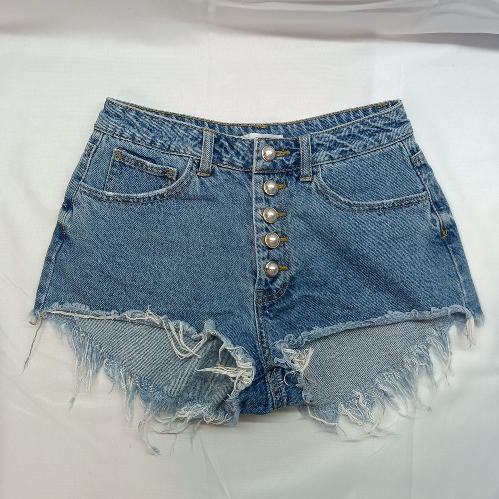 Forever 21 Pearl Button Fly Distressed Denim Shorts Womens 24 Blue High Waist